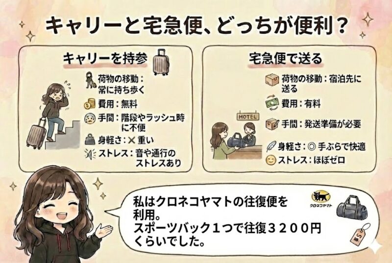 キャリー持参と宅急便利用を比較した図解イラスト