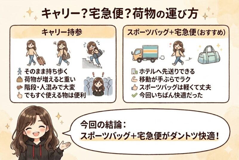 キャリー持参とスポーツバッグ＋宅急便の違いを比較し、今回の結論（スポーツバッグ＋宅急便が快適）をまとめた図解