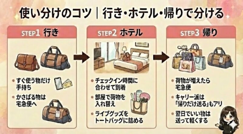 行き・ホテル・帰りの3ステップで、荷物の使い分け（手持ち／宅急便）を整理した図解