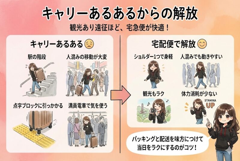 キャリー移動の悩みと、宅急便で身軽に動けるメリットを比較した図解