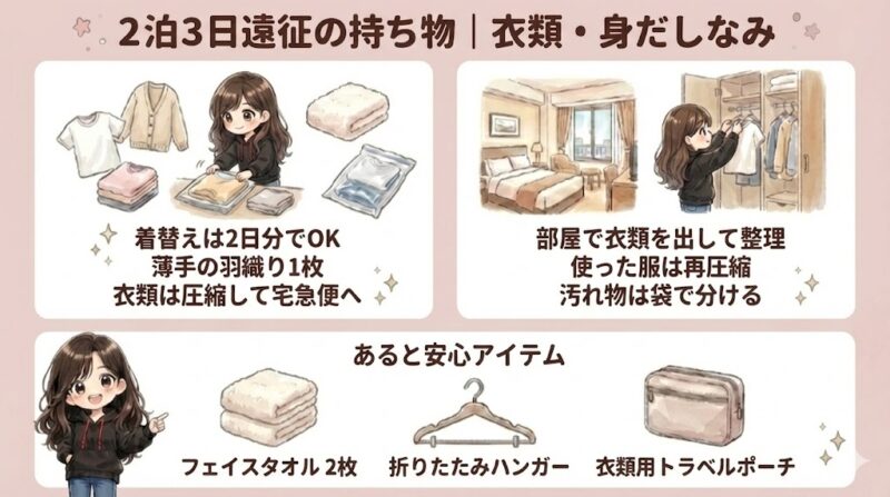 2泊3日遠征の衣類・身だしなみの持ち物と、衣類整理のコツをまとめた図解