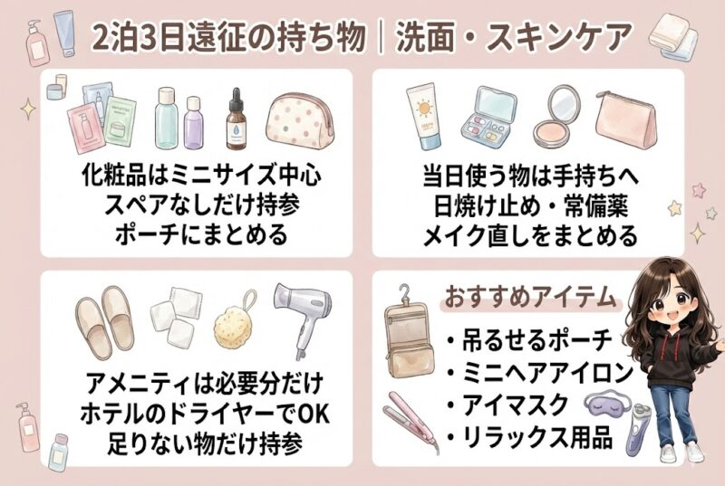 2泊3日遠征の洗面・スキンケア持ち物を、当日持参品・ホテル活用・おすすめアイテムで整理した図解