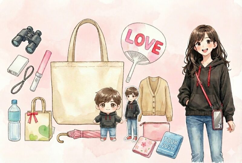 ライブ当日の持ち物（双眼鏡・ペンライト・うちわ・推しグッズ・飲み物・羽織りなど）を、トートバッグと桜吹雪ちゃんと一緒にまとめたイラスト