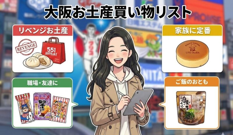 大阪遠征の購入予定をまとめた図解。リベンジお土産に551蓬莱、家族に定番にりくろーおじさんの店のチーズケーキ、職場・友達向けのお菓子、ご飯のおとも(肉吸い)をカテゴリ別に表示