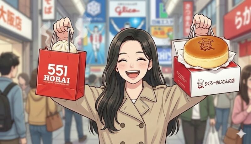 551蓬莱の紙袋と、りくろーおじさんのチーズケーキを両手に持って笑顔の女性が立つイラスト