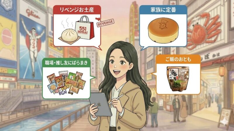 大阪なんばのお土産を「リベンジ」「家族に定番」「ばらまき」「ご飯のおとも」の4つに分類したイラスト図解