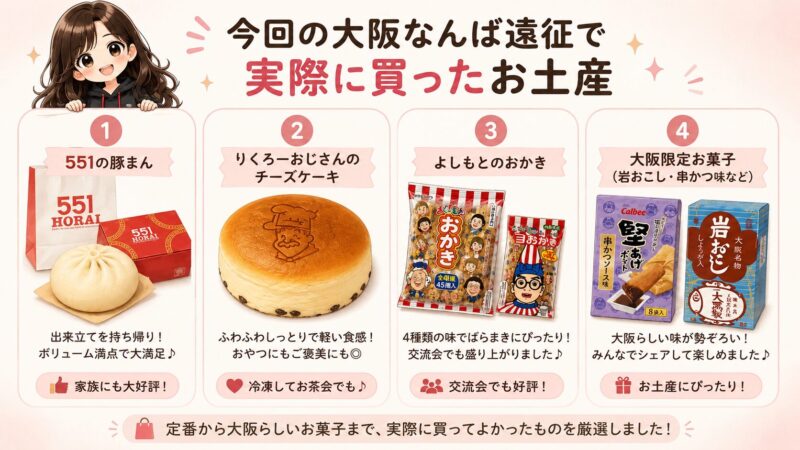 大阪なんば遠征で実際に買ったお土産4品(551の豚まん・りくろーおじさんのチーズケーキ・よしもとのおかき・岩おこし等)を図解したイラスト