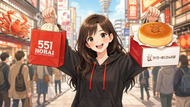 なんばの商店街で551HORAIの豚まんとりくろーおじさんのチーズケーキを両手に持つ女の子のイラスト