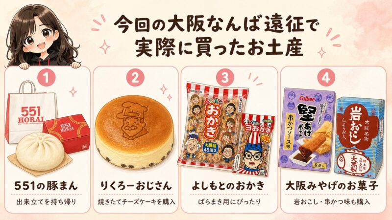 大阪なんば遠征で実際に買ったお土産4品（551の豚まん・りくろーおじさんのチーズケーキ・よしもとのおかき・岩おこし等）を図解したイラスト