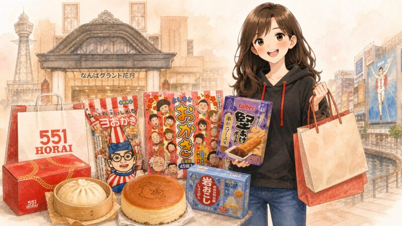なんばグランド花月前でお土産（551豚まん・よしもとのおかき・チーズケーキ・岩おこし等）を並べた購入品まとめイラスト