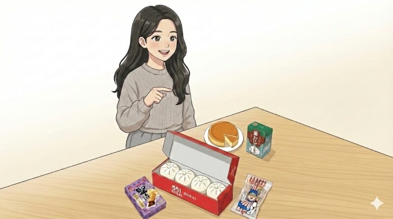 大阪なんば遠征で実際に買ったお土産を机に並べたイラスト。551蓬莱の豚まん、チーズケーキ、お菓子などがテーブル上に置かれている