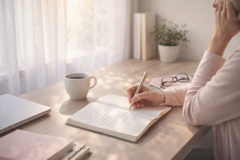 朝の光が差し込むデスクで、ノートに思いを書き出す女性とコーヒーのある作業風景