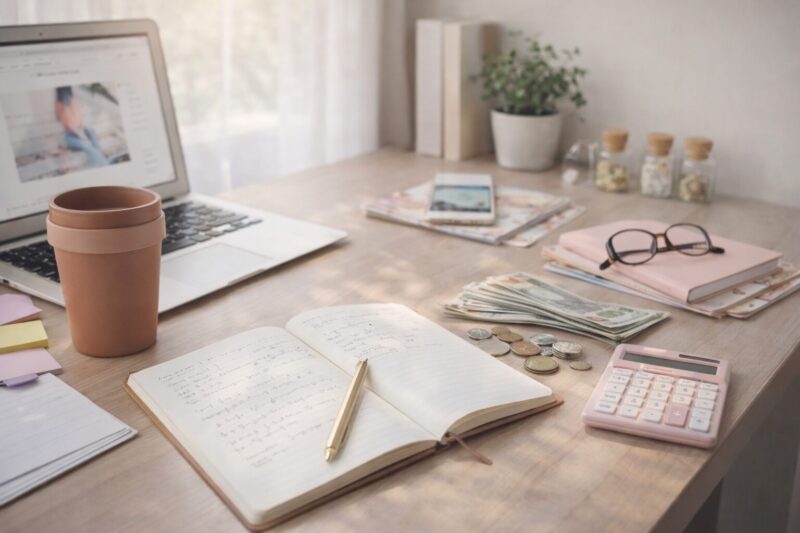 ブログ運営と家計管理のメモを広げた、朝の光が差し込むデスクの作業風景