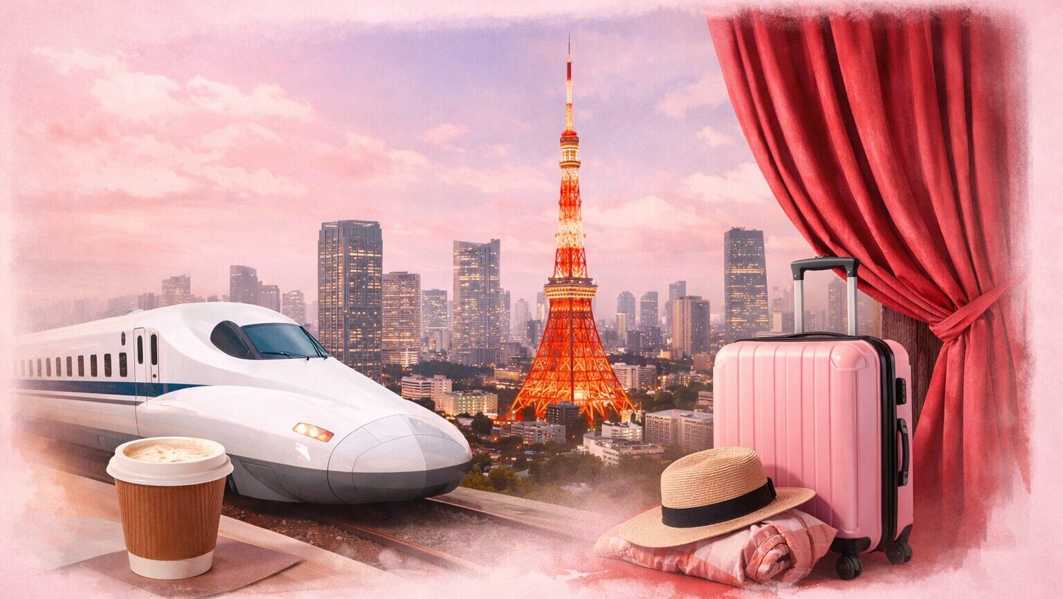 新幹線で東京へ向かう遠征のイメージ画像。東京タワーと街並みを背景に、コーヒー、キャリーケース、帽子やブランケットが並び、旅のワクワク感を表している。