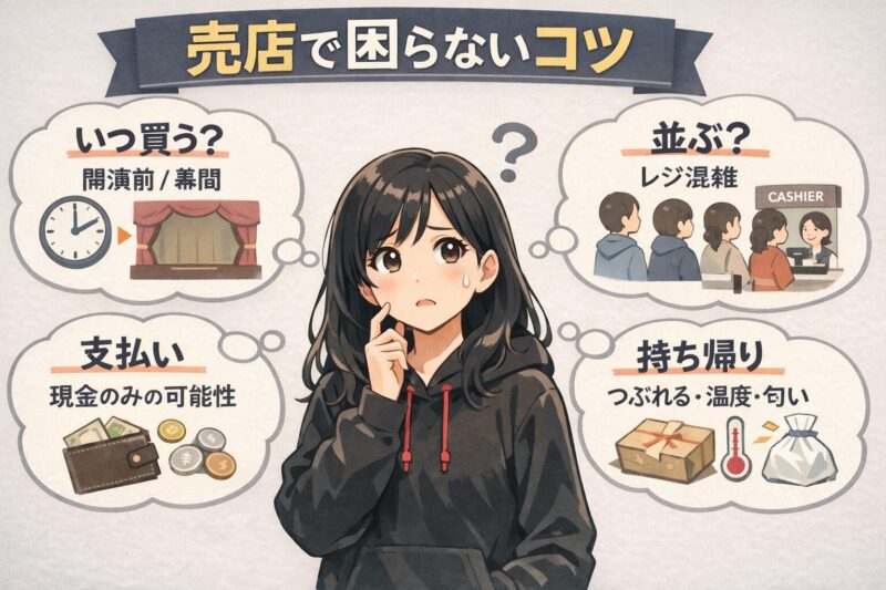 売店で困らないコツ（購入タイミング・支払い・持ち帰り）の図解