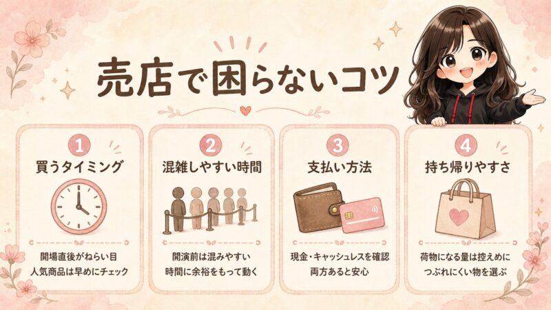劇場売店で困らない4つのコツ（買うタイミング・混雑しやすい時間・支払い方法・持ち帰りやすさ）を図解したイラスト