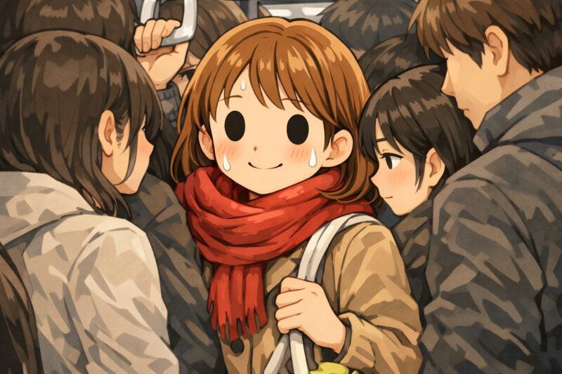 満員電車の人混みにもまれ、汗をかきながら踏ん張る女性のイラスト（山手線ラッシュのイメージ）。