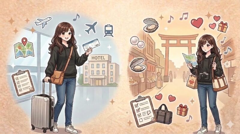 予定で決めるのがラク。キャリーで直行直帰する人と、観光して荷物を送る人のイラスト
