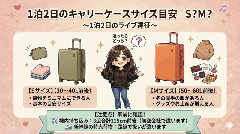 1泊2日ライブ遠征のキャリーサイズ目安。S30〜40LとM50〜60Lの選び方図解