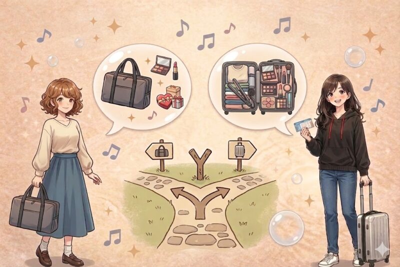 ボストンバッグ派とキャリーケース派の違いを、荷物量と移動スタイルの対比で表した比較イラストです。