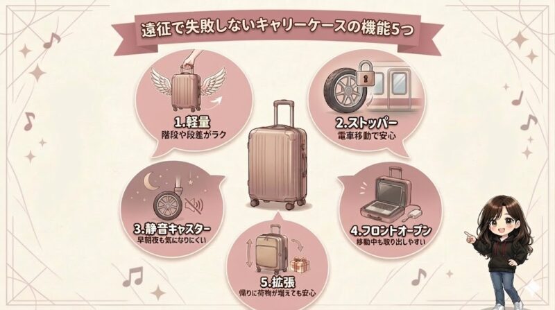 遠征で失敗しないキャリーケースの機能5つ（軽量・ストッパー・静音キャスター・フロントオープン・拡張）をまとめた図解