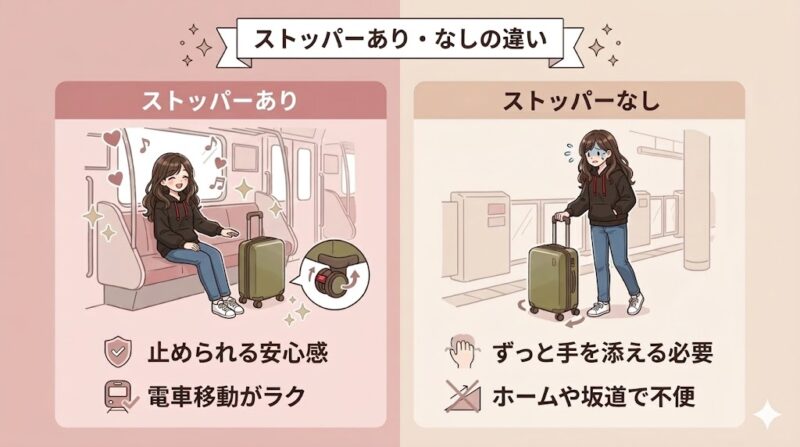 ストッパーあり・なしの違い。電車で止められる安心感と、手を添える必要がある不便さの比較図
