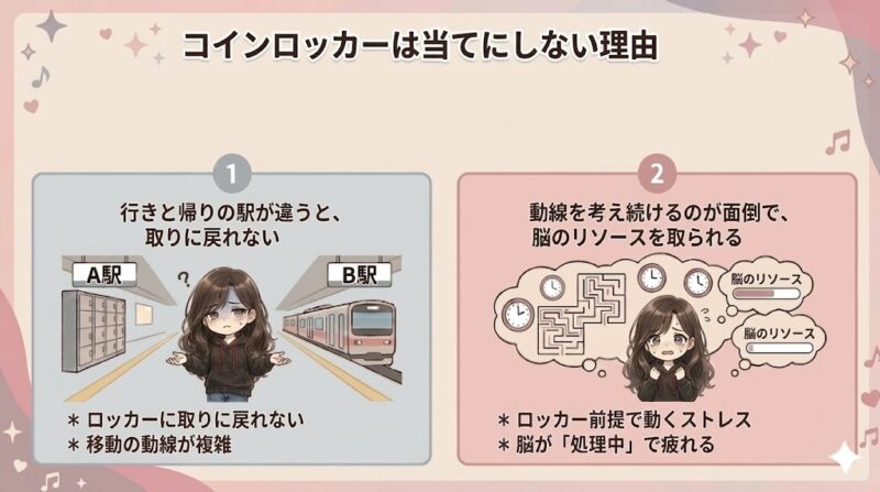 コインロッカーを当てにしない理由。行き帰りの駅が違うと取りに戻れないことと、動線を考え続けて疲れることを図解