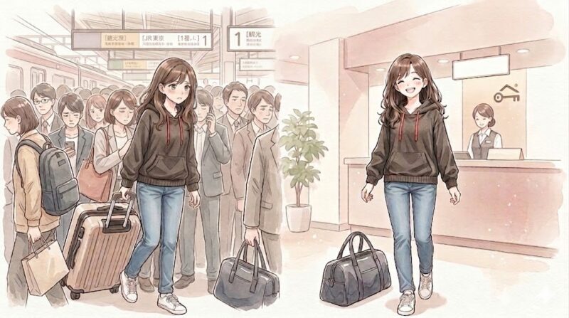 荷物を送ると身軽。混雑した駅でキャリーを引く場面と、ホテルでバッグだけで笑顔の女性のイラスト