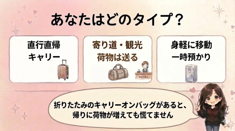 遠征のタイプ別まとめ。直行直帰はキャリー、寄り道は荷物を送る、身軽に移動は一時預かり。キャリーオンバッグがあると安心