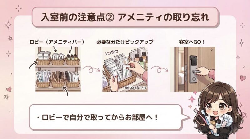 アメニティの受け取り方を示す図解。ロビーのアメニティバー→必要な分だけピックアップ→客室へGOの3ステップをイラストで説明。