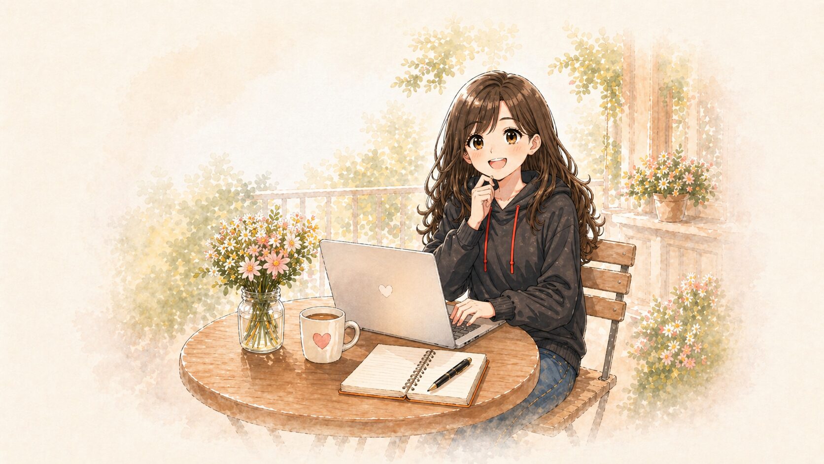 桜吹雪が花とコーヒーのある屋外テーブルでノートPCを開きながら微笑んでいる、温かい作業風景