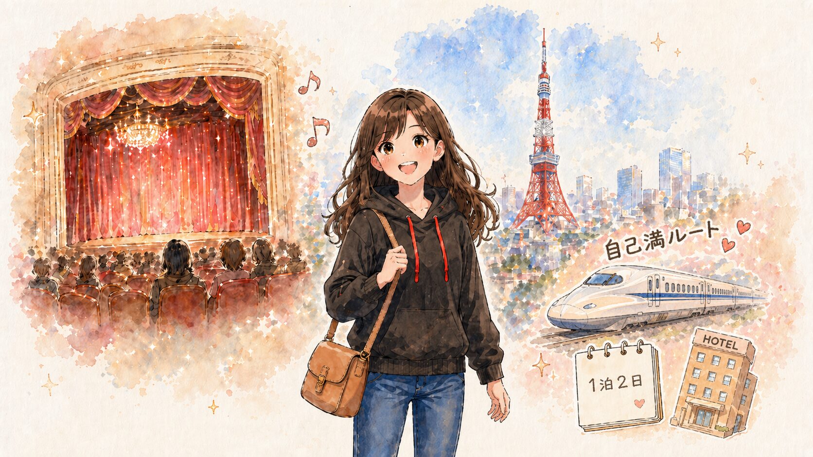 舞台遠征1泊2日の自己満ルートをイメージしたイラスト