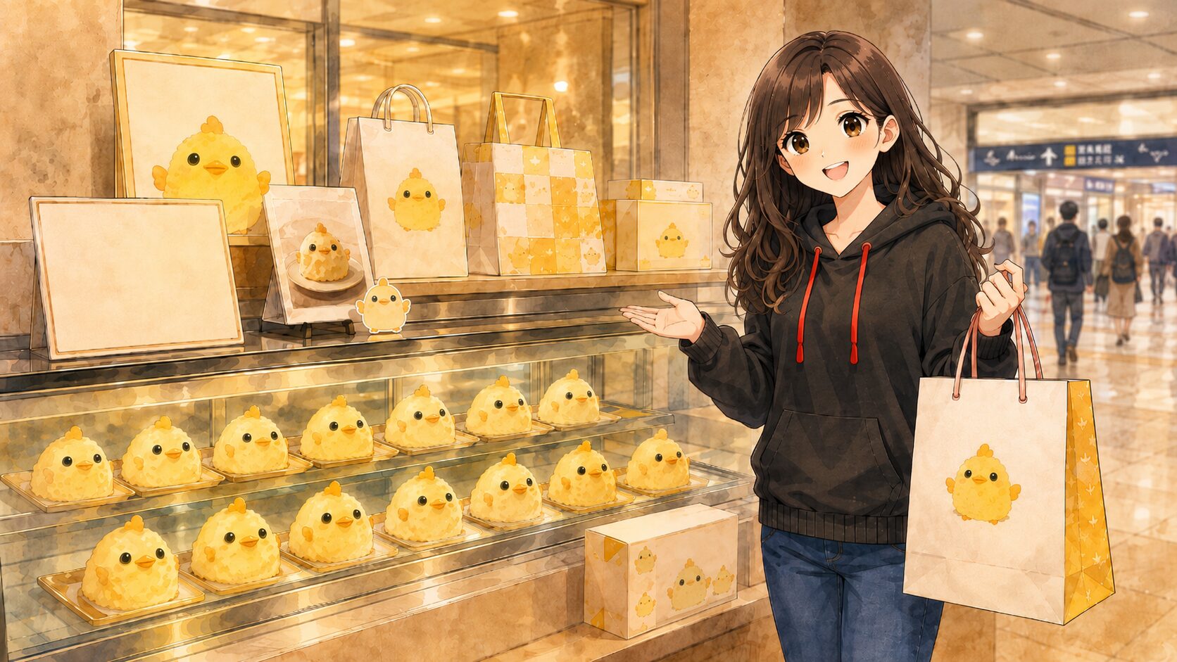 ぴよりんshopでショーケースのぴよりんとお土産を選ぶイメージ画像
