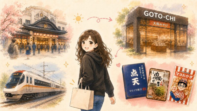 なんばグランド花月とGOTO-CHI難波店を回り、近鉄特急で持ち帰る大阪土産のイメージイラスト