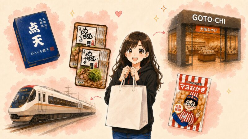 帰りにGOTO-CHI難波店で点天のひとくち餃子・千とせの肉吸い・マヨおかきをまとめ買いしたイメージイラスト