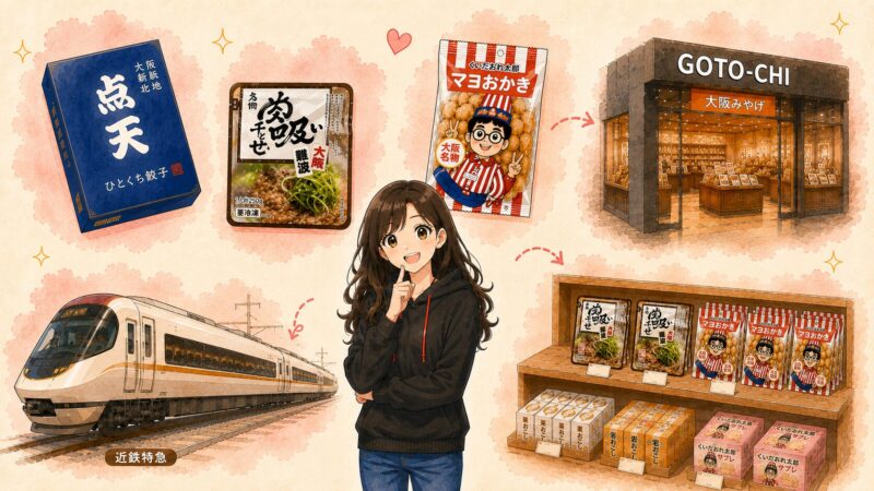 GOTO-CHI難波店の下見で分かった駅で買える大阪土産のイメージイラスト。点天のひとくち餃子・千とせの肉吸い・くいだおれ太郎マヨおかき