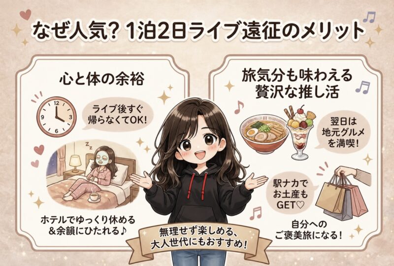 1泊2日のライブ遠征のメリットをまとめた図解。ライブ後に慌てて帰らずホテルで休めること、翌日に地元グルメや買い物を楽しめることを紹介している。