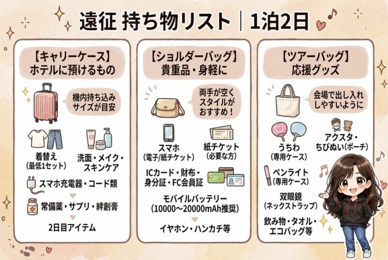 1泊2日のライブ遠征の持ち物を、キャリーケース、ショルダーバッグ、ツアーバッグに分けて整理した図解。ホテルに預けるものとライブ会場に持っていくものが分かる。