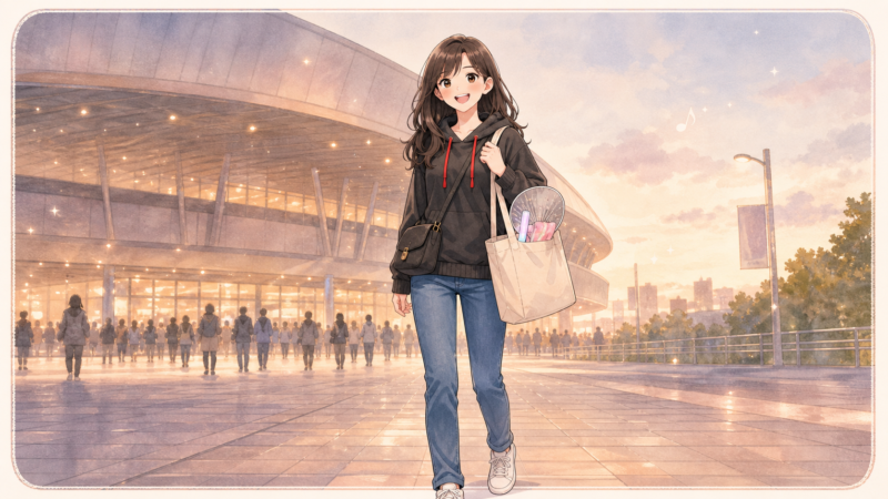 ライブ会場前で、うちわやペンライトを入れたツアーバッグを持つ女性