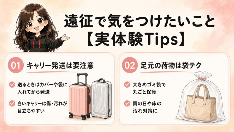 キャリーケース発送と足元の荷物対策(袋テク)を紹介した図解。