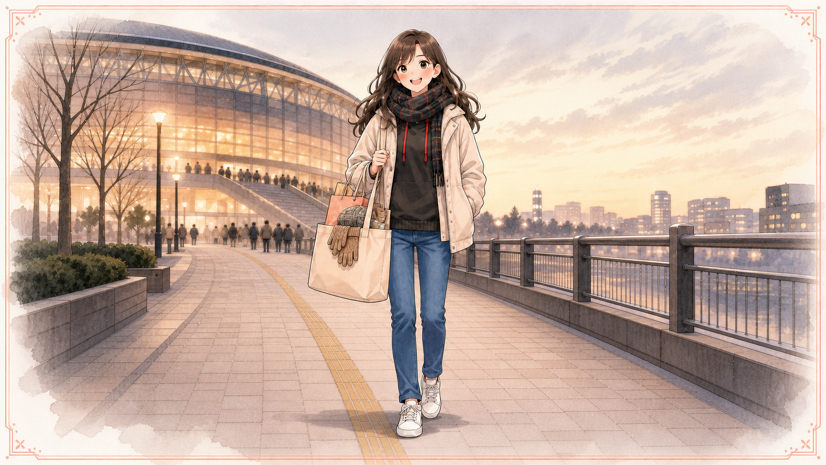 冬のライブ遠征を終えて防寒小物をバッグに入れながら、乾いた冬の会場前を帰る女性のイラスト