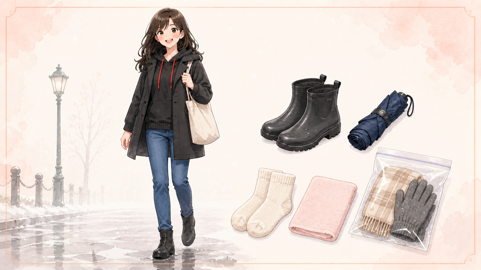 雪や雨の日の冬ライブ遠征で防水靴、折りたたみ傘、替え靴下、タオルを用意するイラスト
