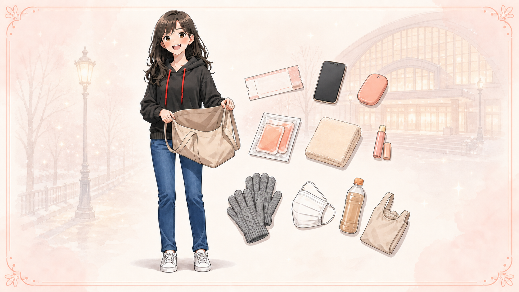 冬のライブ会場バッグとカイロ、手袋、タオル、リップなどの小物のイラスト