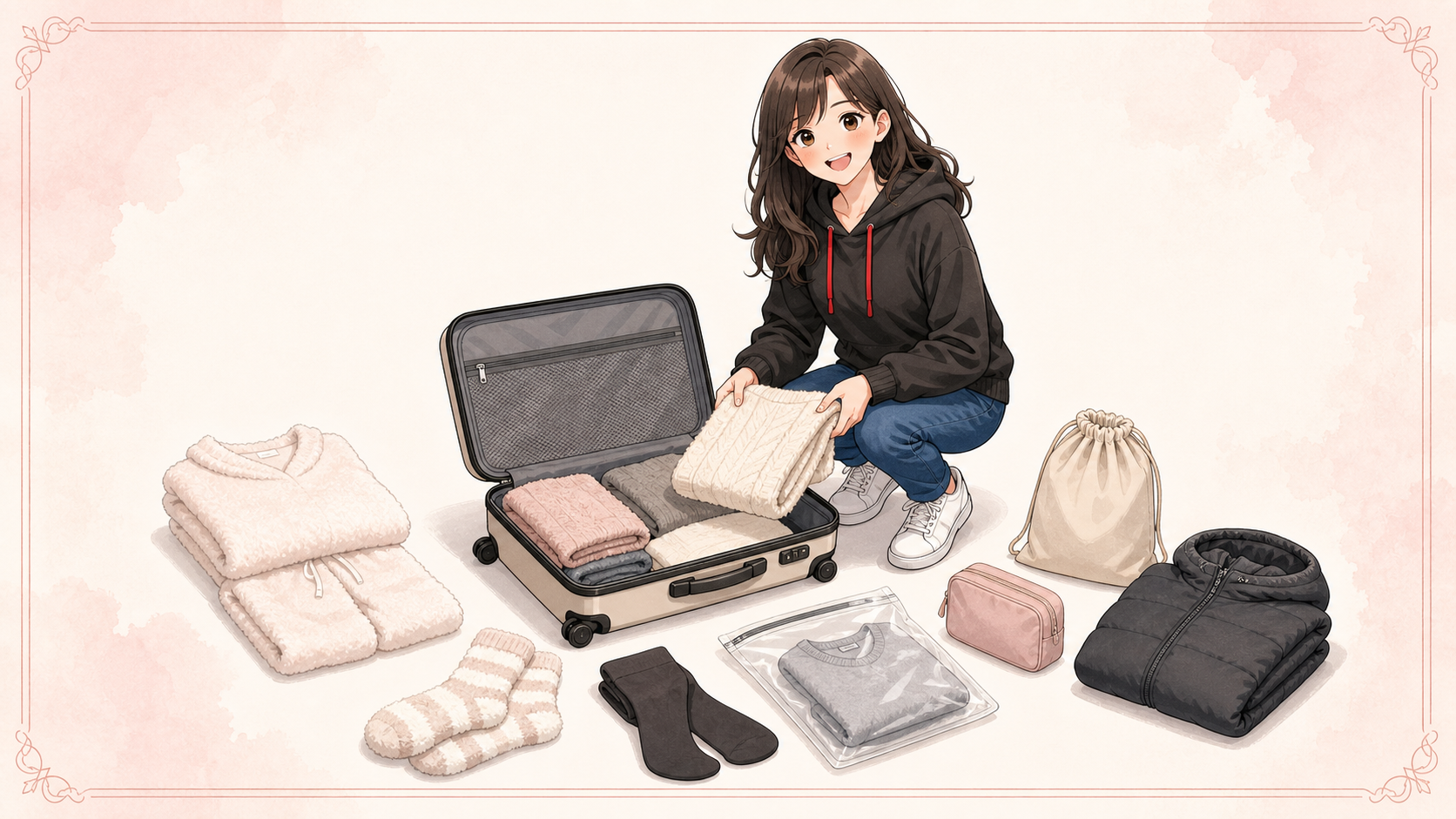 冬ライブ遠征の泊まり荷物としてキャリーケース、圧縮袋、部屋着、靴下を準備するイラスト