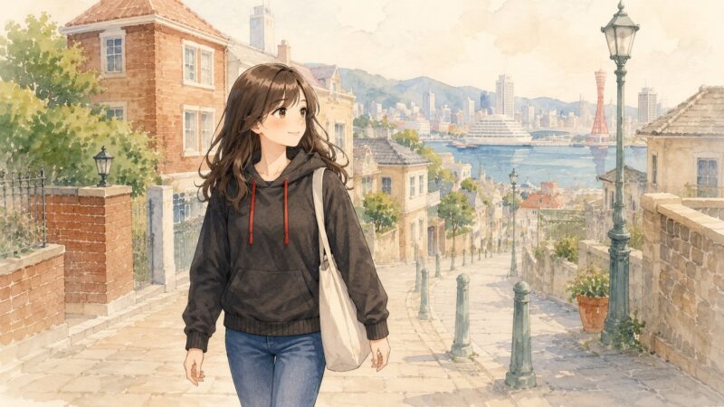 神戸の街並みを歩いているイメージイラスト