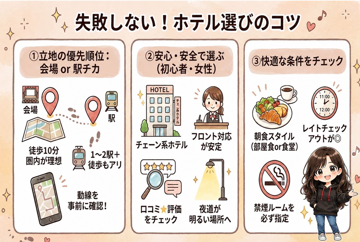 1泊2日のライブ遠征で失敗しないホテル選びのコツをまとめた図解。会場や駅からの距離、女性も安心できる条件、朝食やレイトチェックアウトなどの確認ポイントを紹介している。
