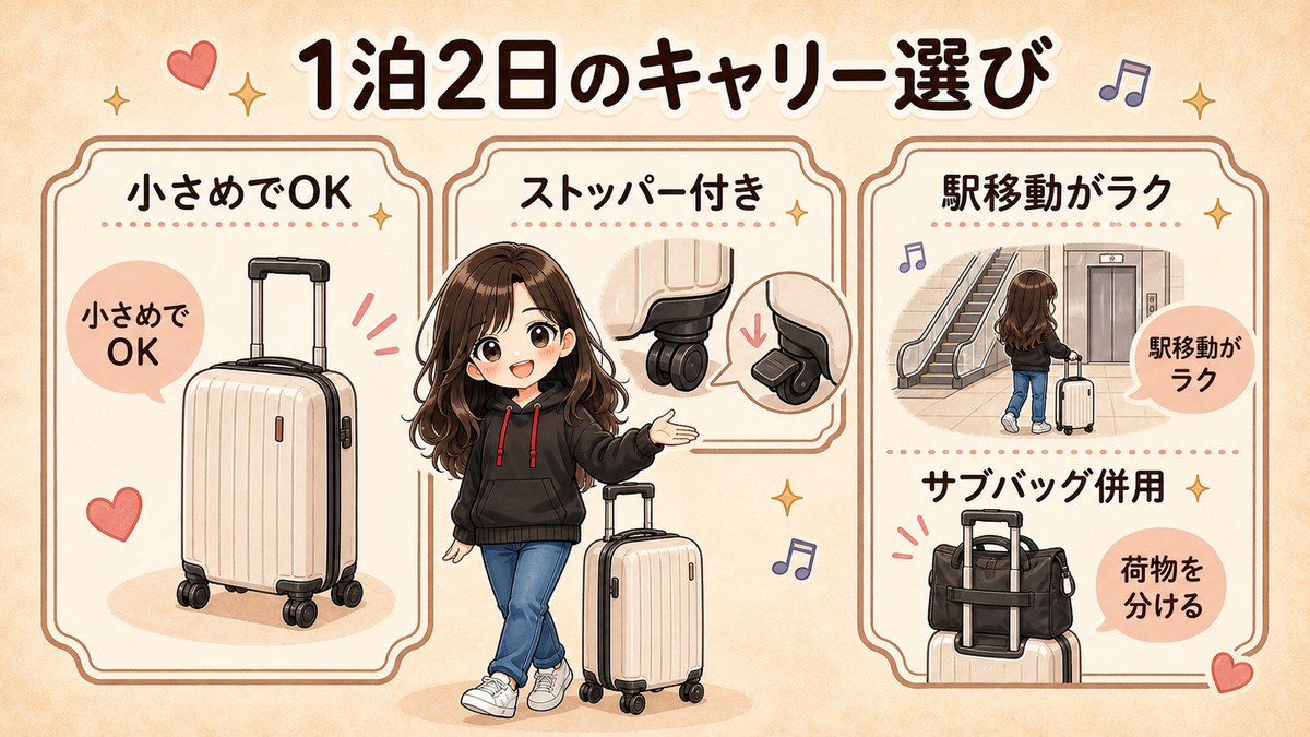 1泊2日のライブ遠征で使うキャリーケースの選び方をまとめた図解。小さめサイズ、ストッパー付き、駅移動、サブバッグ併用のポイントを紹介している。