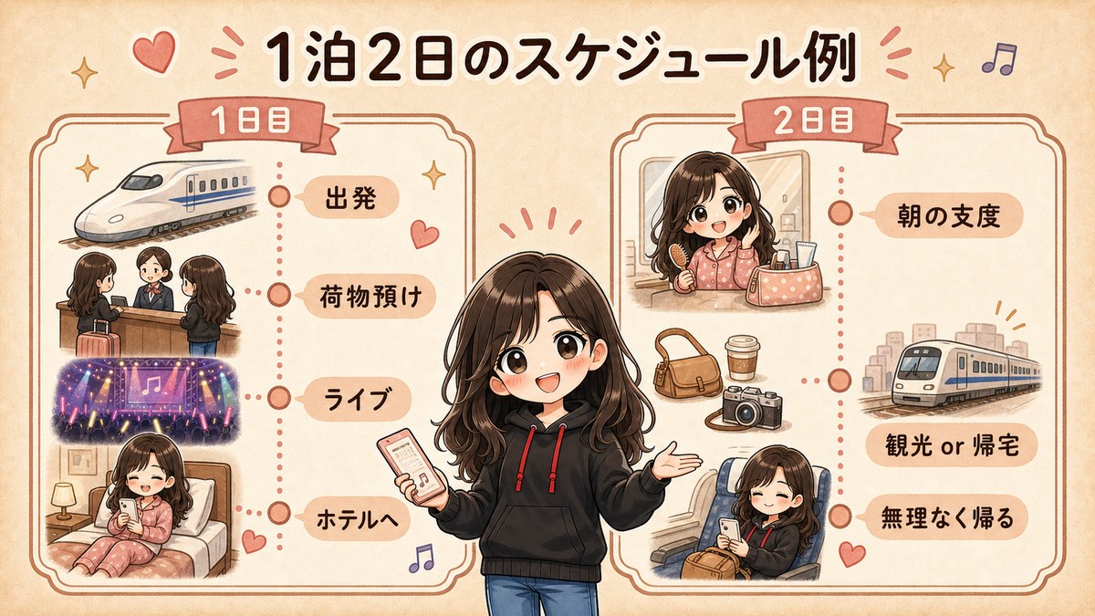 1泊2日のライブ遠征のスケジュール例をまとめた図解。1日目の出発、荷物預け、ライブ、ホテル、2日目の朝の支度、観光または帰宅の流れを紹介している。