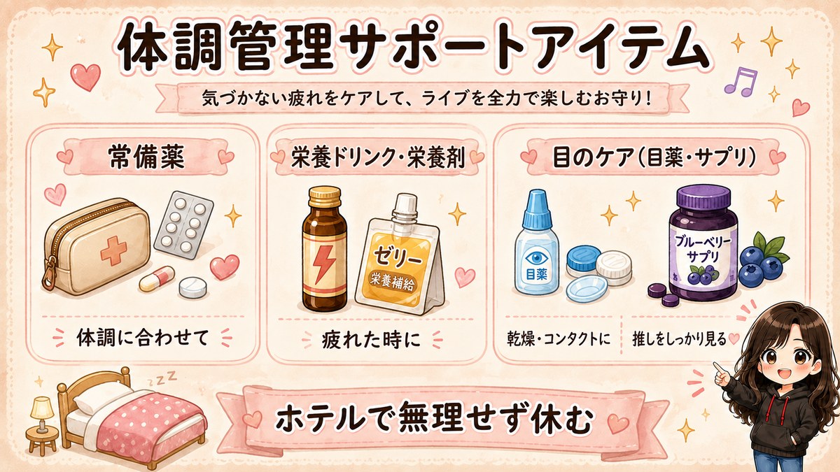 1泊2日のライブ遠征で体調管理をサポートするアイテムをまとめた図解。常備薬、栄養ドリンクや栄養剤、目薬やブルーベリーサプリ、ホテルで無理せず休むことを紹介している。