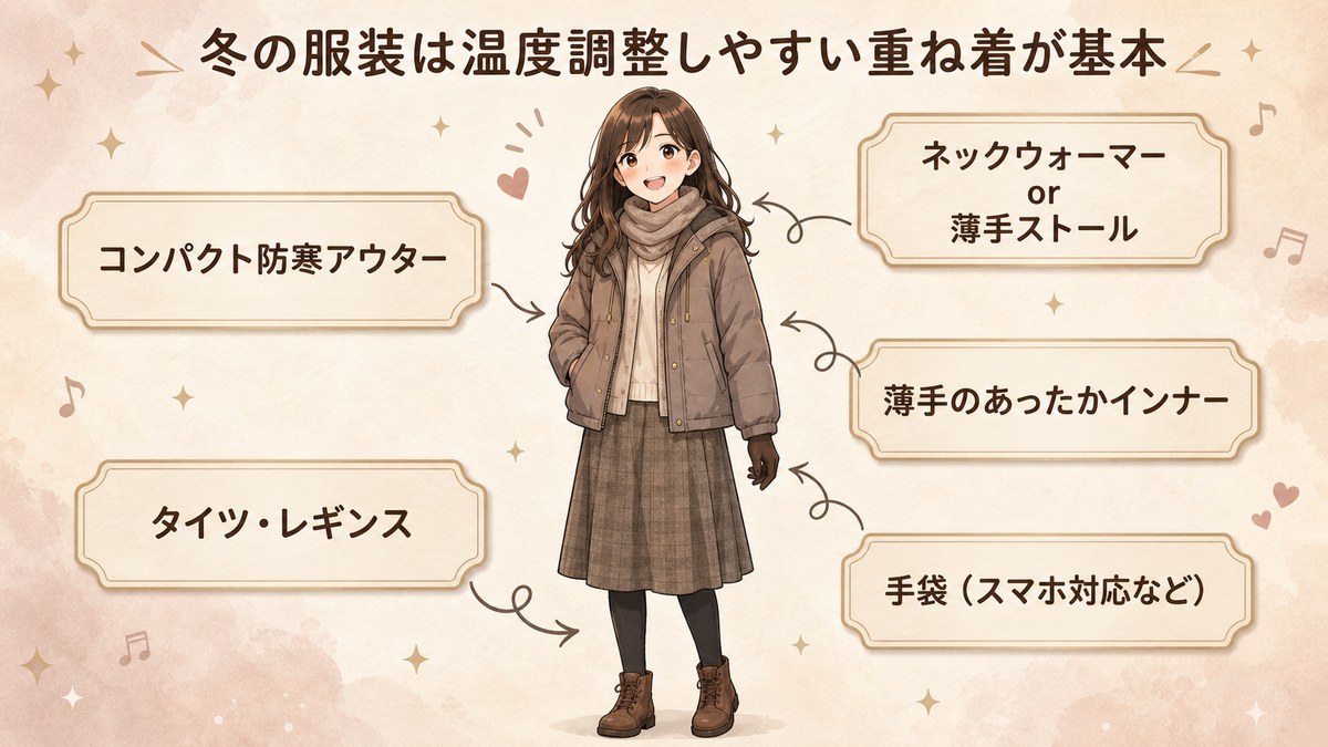 冬のライブ遠征では温度調整しやすい重ね着が基本であることを説明した図解。コンパクト防寒アウター、ネックウォーマーや薄手ストール、薄手のあったかインナー、タイツやレギンス、スマホ対応手袋を紹介している。